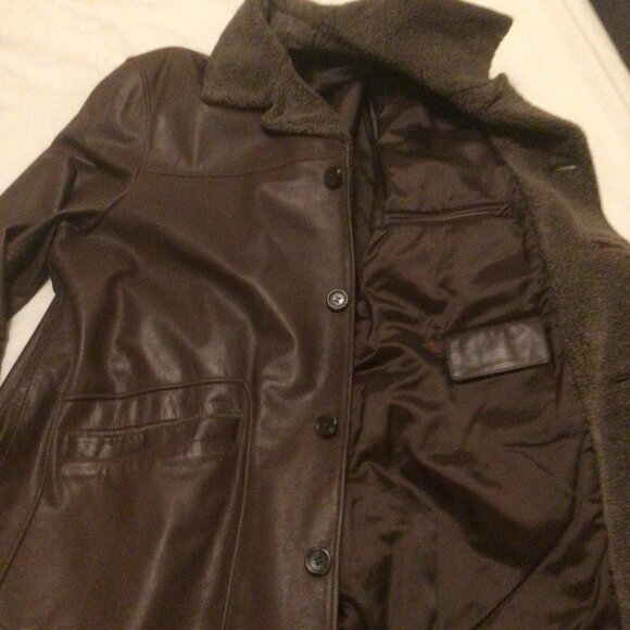 Men's Brown Leather Jacket Sherpa Colour and Trim Cart Coat Length 2XL - Picture 4 of 8